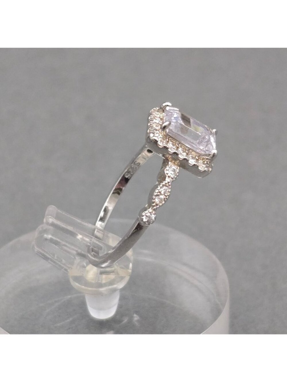 Emerald Cut Halo CZ Statement Ring Sterling Silver Prong Set Size 7.5 Cocktail - Picture 3 of 14